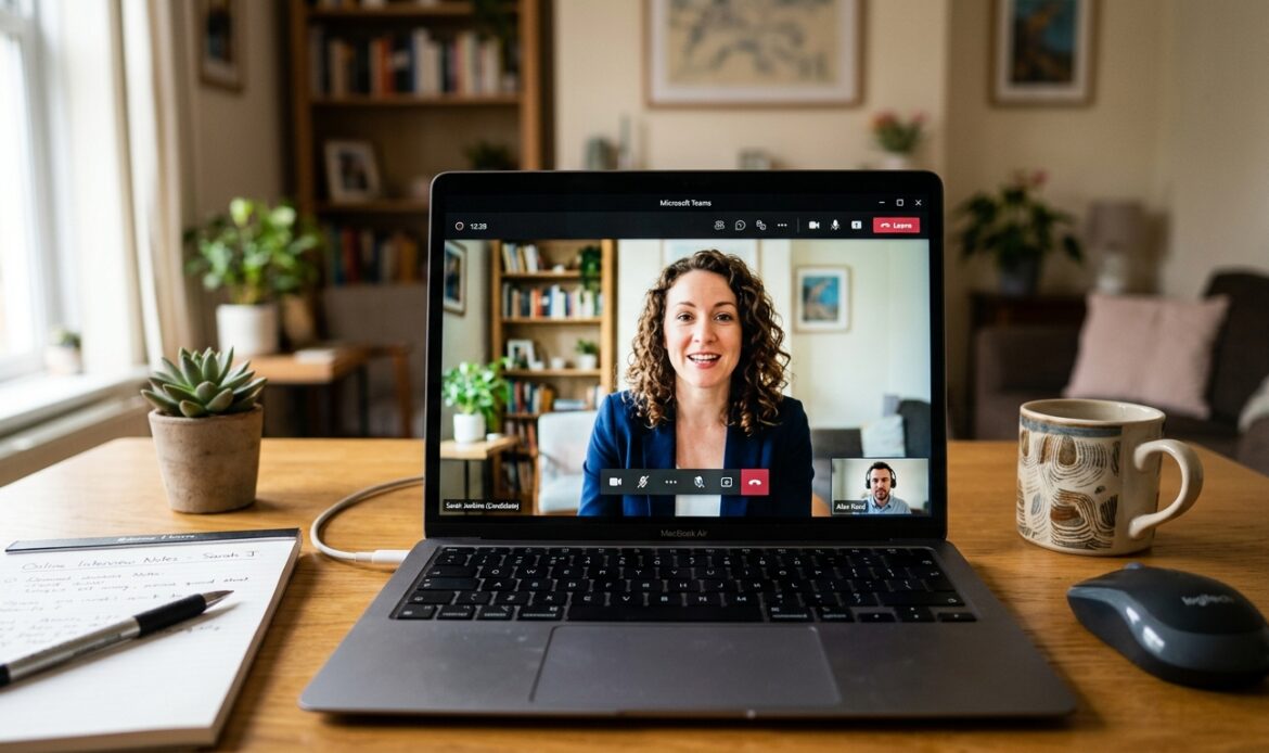 Online interview on laptop.